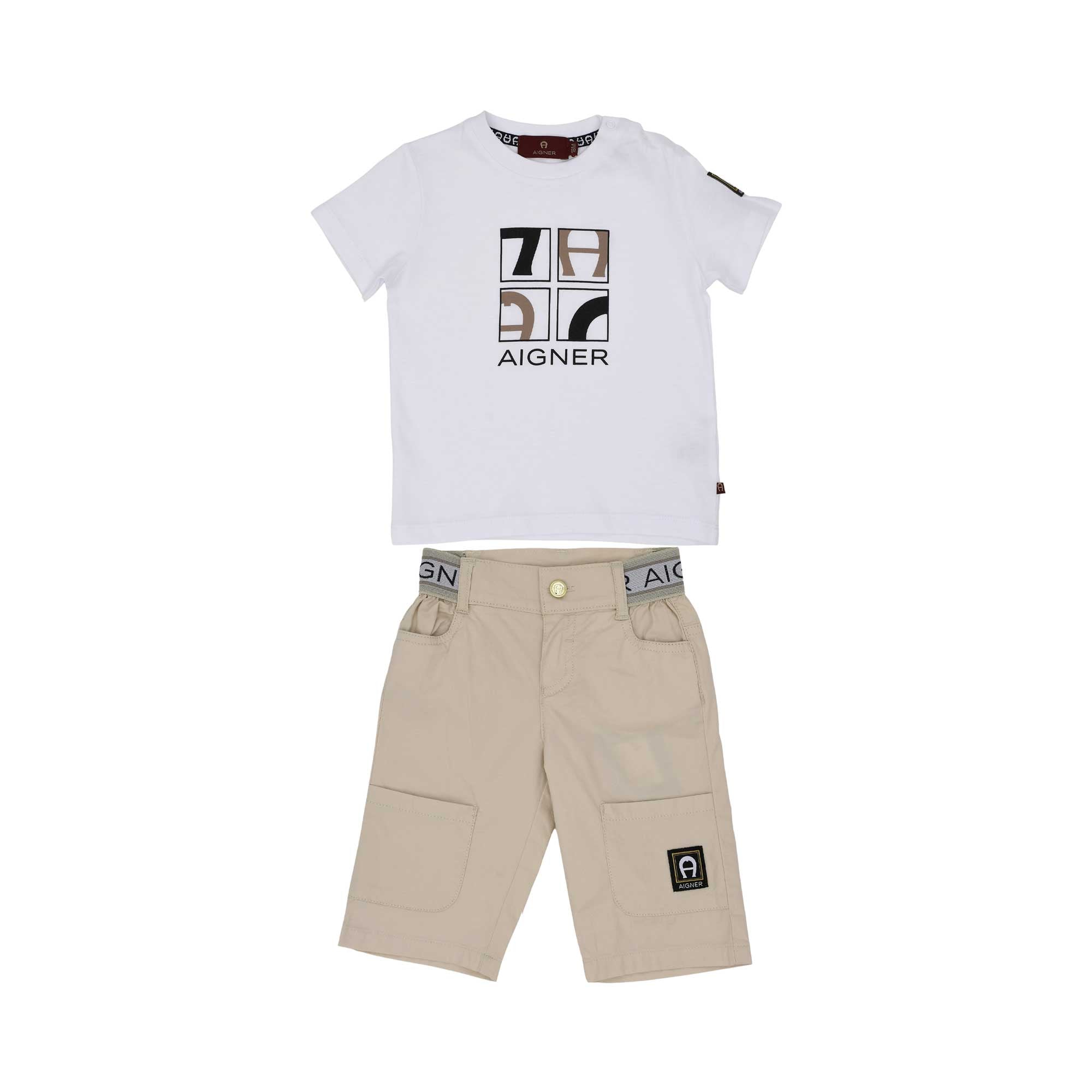 A coordinated Aigner Kids boy's set featuring a white t-shirt with a square logo graphic and beige cargo shorts with a branded waistband.