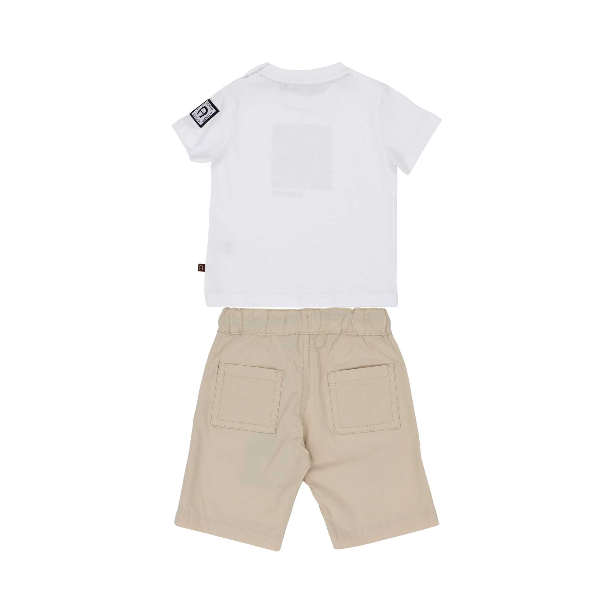A back view of  two-piece Aigner Kids outfit for boys featuring a white t-shirt with a beige logo print and matching beige drawstring shorts.