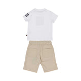 A back view of  two-piece Aigner Kids outfit for boys featuring a white t-shirt with a beige logo print and matching beige drawstring shorts.