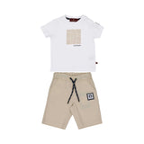 A two-piece Aigner Kids outfit for boys featuring a white t-shirt with a beige logo print and matching beige drawstring shorts.