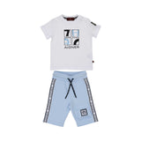 A boys' designer outfit by Aigner Kids featuring a white graphic T-shirt and light blue shorts with logo-tape detailing.
