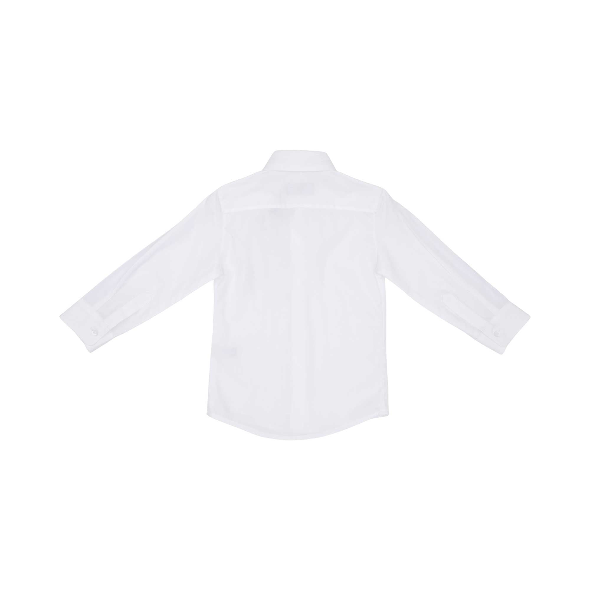 The reverse side of the white Aigner Kids shirt, showing a clean yoke and smooth cotton finish with the logo tape visible on the sides of the sleeves.
