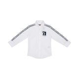 A crisp white long-sleeved button-down shirt for boys by Aigner Kids. It features black logo tape with "AIGNER" text running down the sleeves and a black square horseshoe logo printed on the chest.