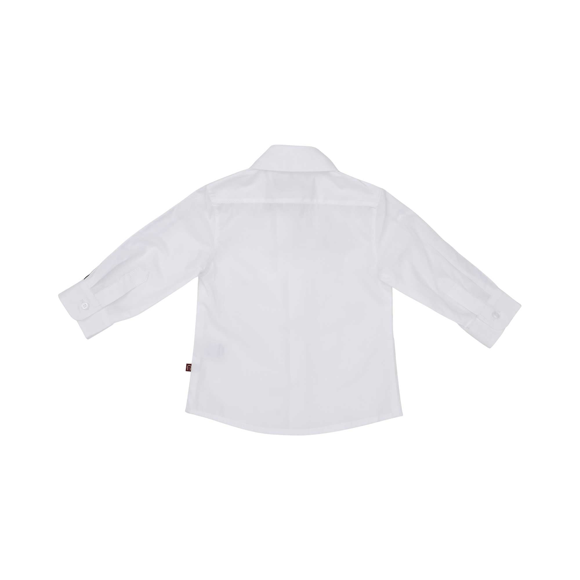 Rear view of a crisp white Aigner Kids cotton shirt showing the clean yoke detail, pointed collar, and buttoned sleeve cuffs.