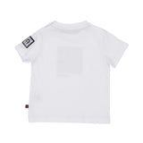 Back view of a white Aigner Kids T-shirt showing a tan geometric horseshoe logo and brand name.