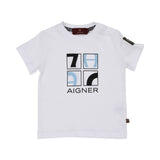 Close-up of a white Aigner Kids T-shirt with a blue and black four-square logo print on the chest.