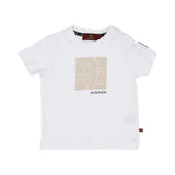 Front view of a white Aigner Kids T-shirt showing a tan geometric horseshoe logo and brand name.