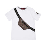 A white boys' T-shirt by Aigner Kids featuring a diagonal black strap print and a 3D-effect black pouch with a zipper, resembling a crossbody bag. A small logo patch is visible on the left sleeve.