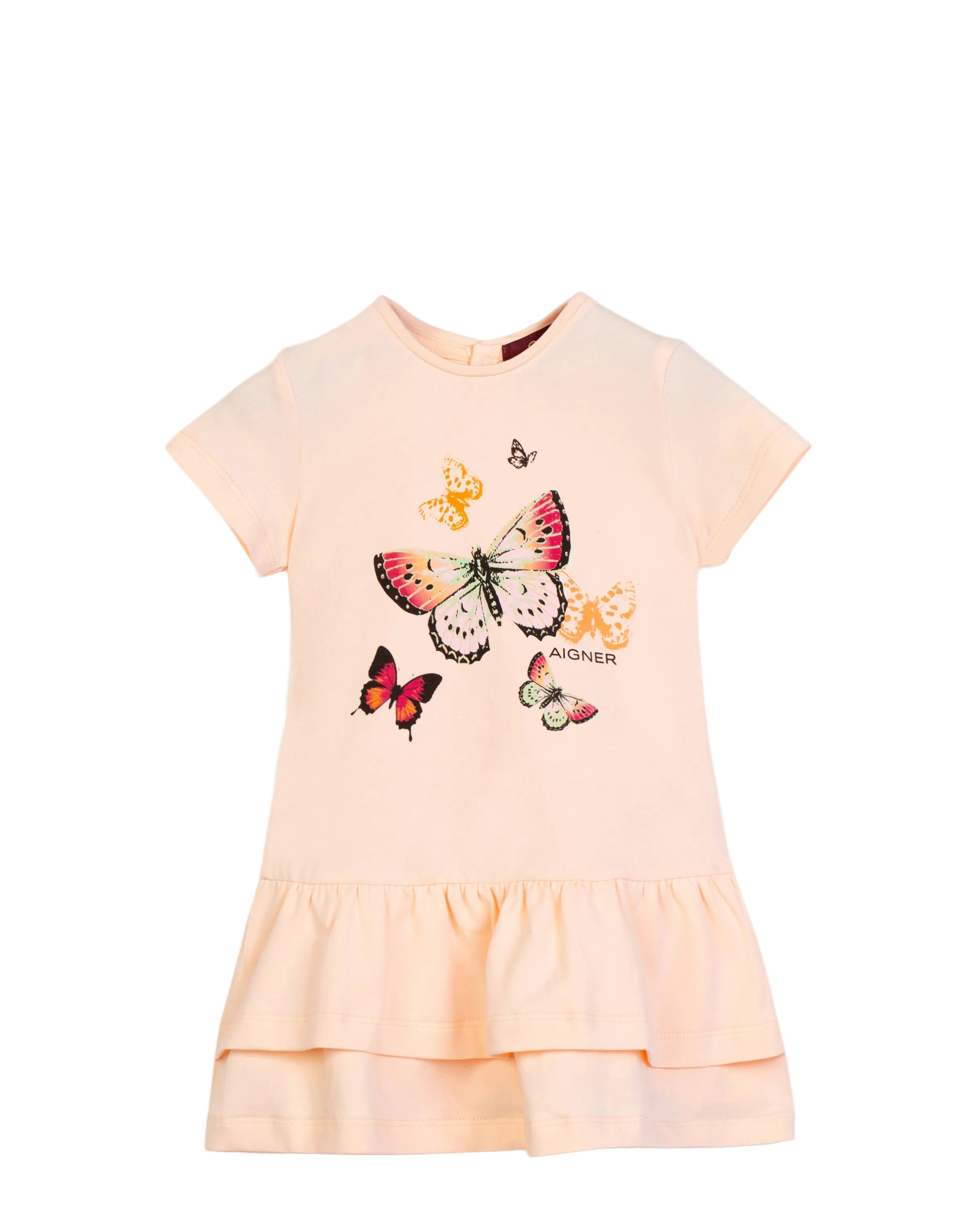 An Coral Aigner Kids dress featuring a colorful butterfly graphic print on the front and a double-tiered ruffled hem.