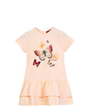 An Coral Aigner Kids dress featuring a colorful butterfly graphic print on the front and a double-tiered ruffled hem.
