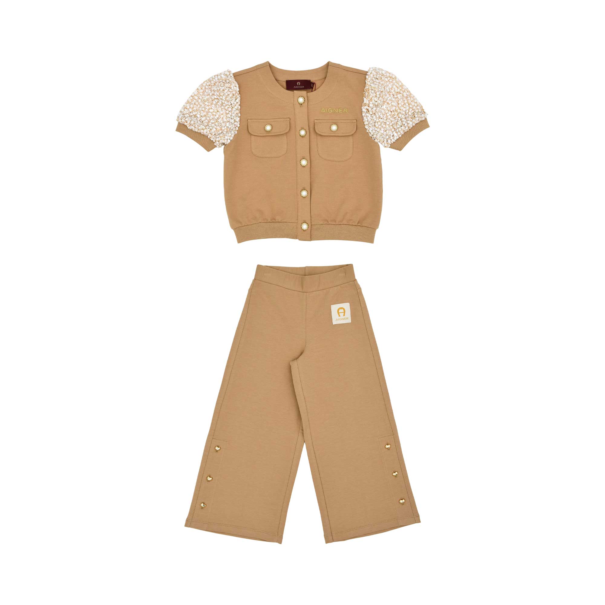 Aigner Kids Girl’s Beige Top & Trousers Set with Gold Buttons and Logo Patch – Available for Online Purchase
