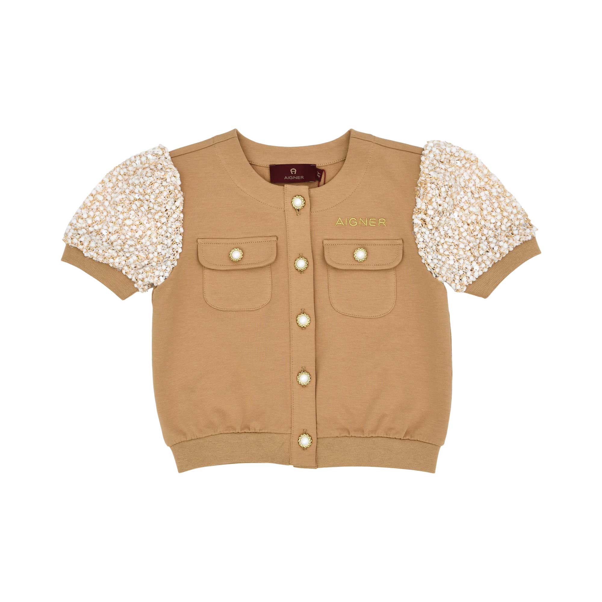 Aigner Kids Girl’s Beige Top & Trousers Set with Gold Buttons and Logo Patch – Available for Online Purchase