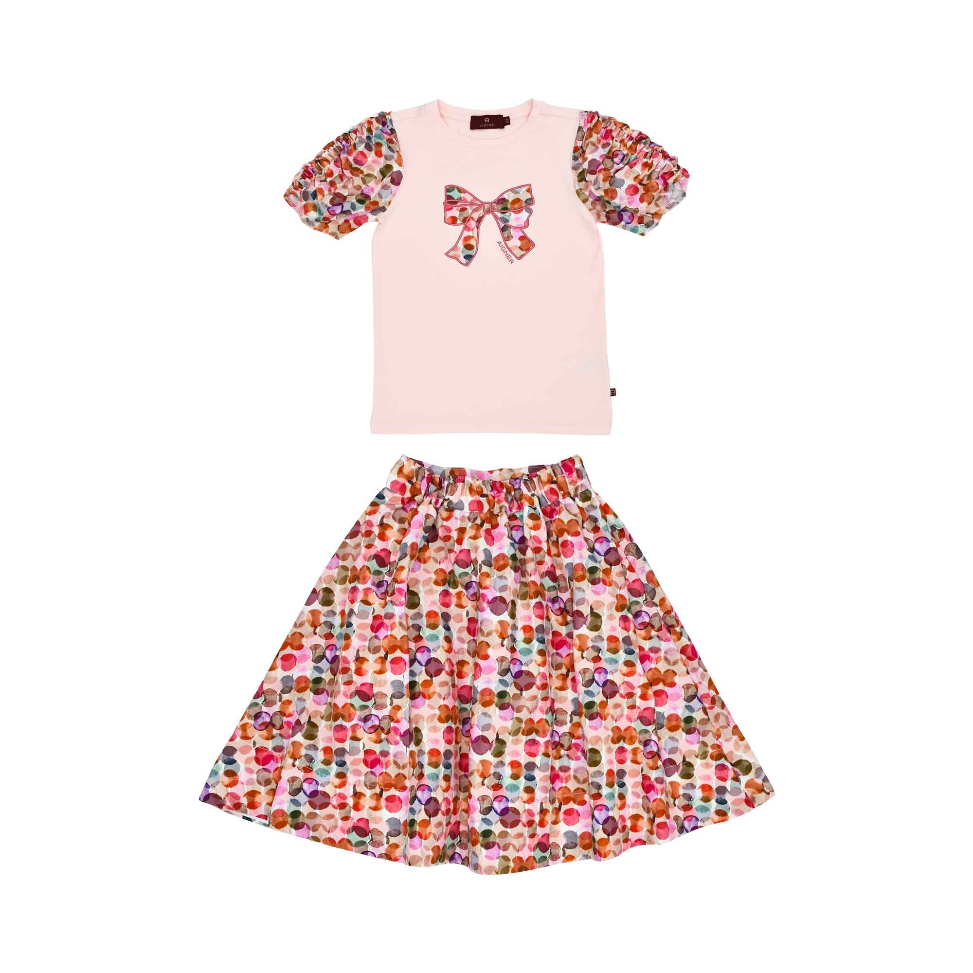 Aigner Kids Girl’s Pink Set with Bow T-shirt and Colorful Printed Skirt – Shop Now Online