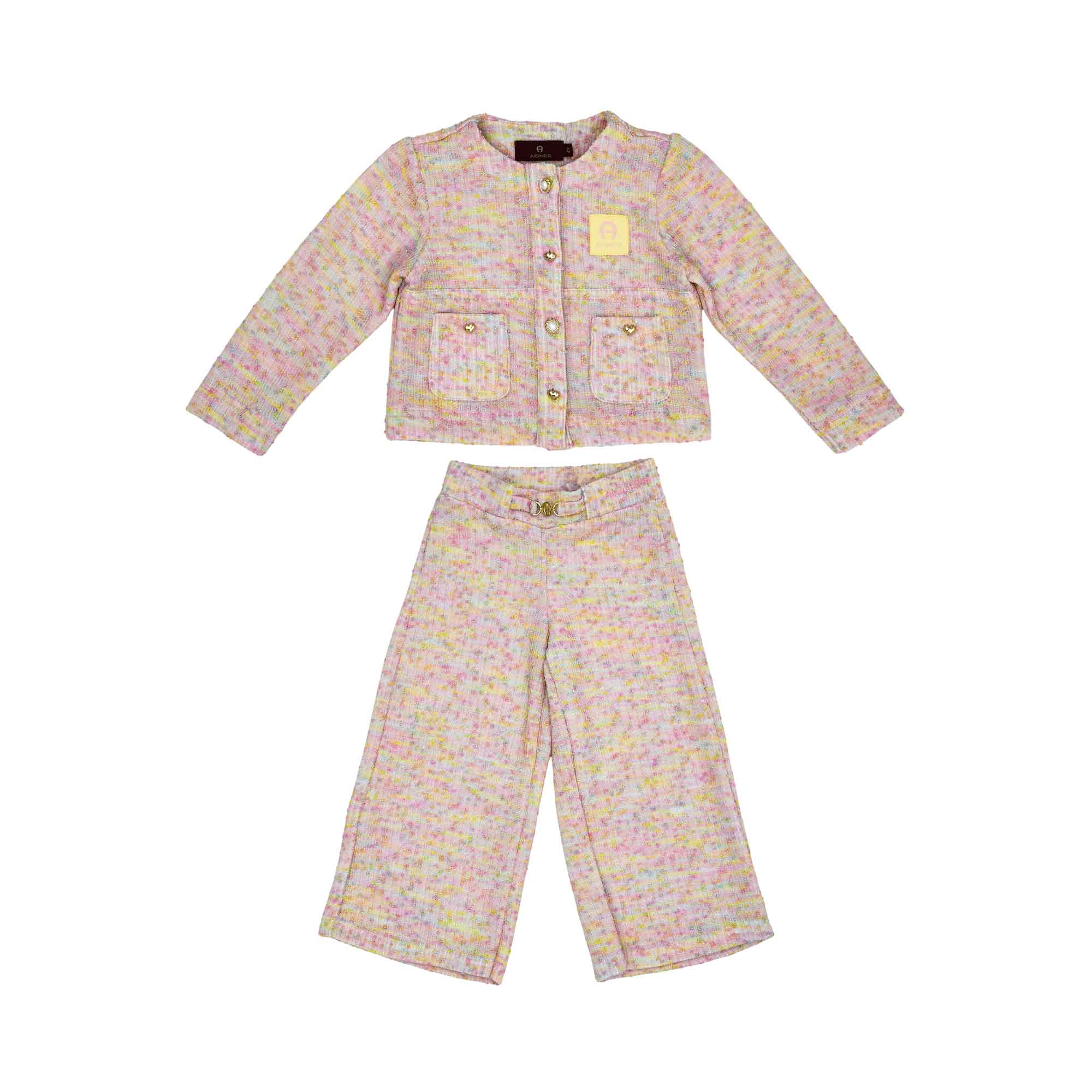 Aigner Kids Girl’s Pink Tweed Jacket & Trousers Set with Gold Buttons – Shop Now Online