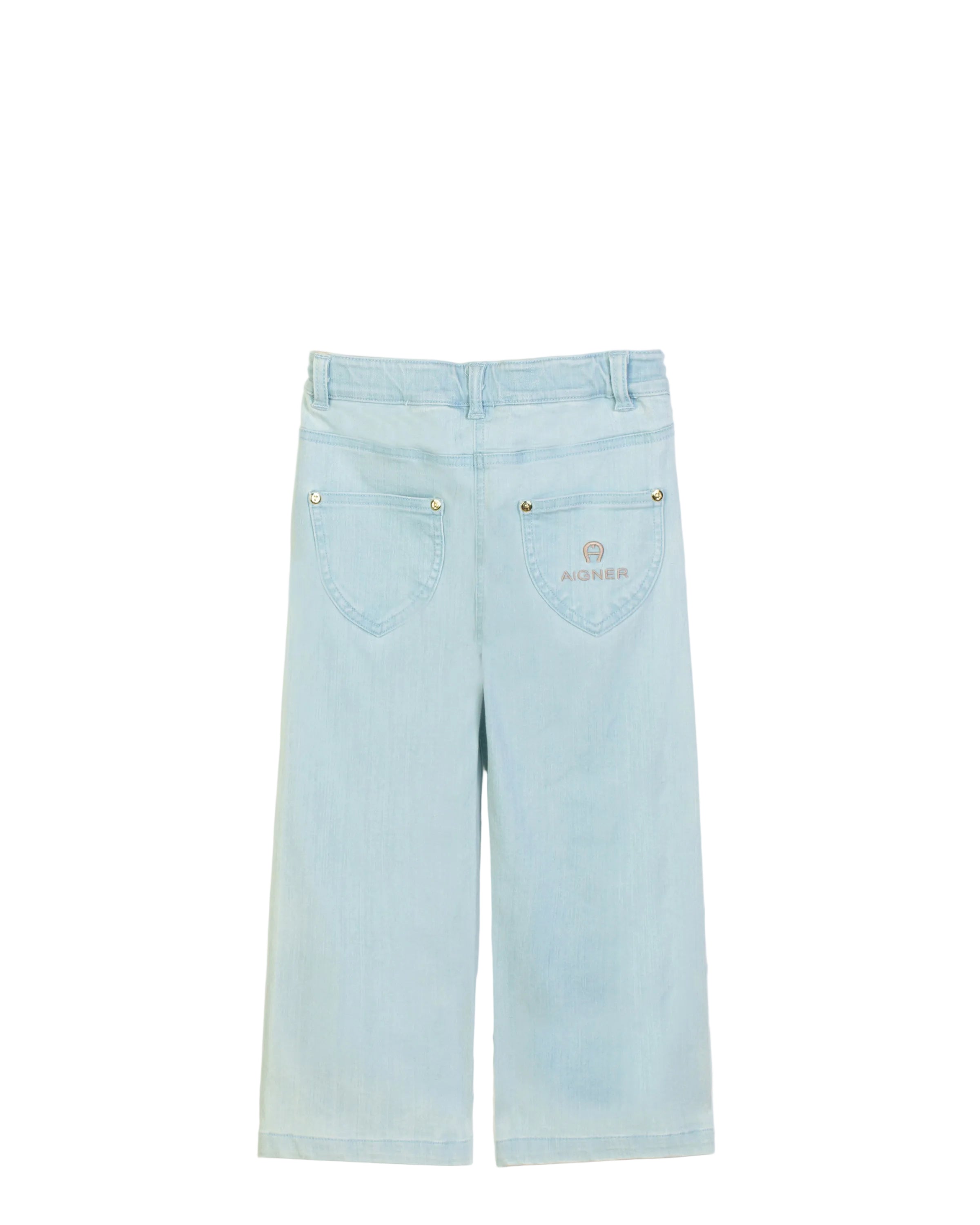 Back view of Light blue Aigner Kids denim trousers featuring delicate butterfly embroidery on the front hip and lower leg, finished with a button and zip closure.
