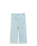 Back view of Light blue Aigner Kids denim trousers featuring delicate butterfly embroidery on the front hip and lower leg, finished with a button and zip closure.