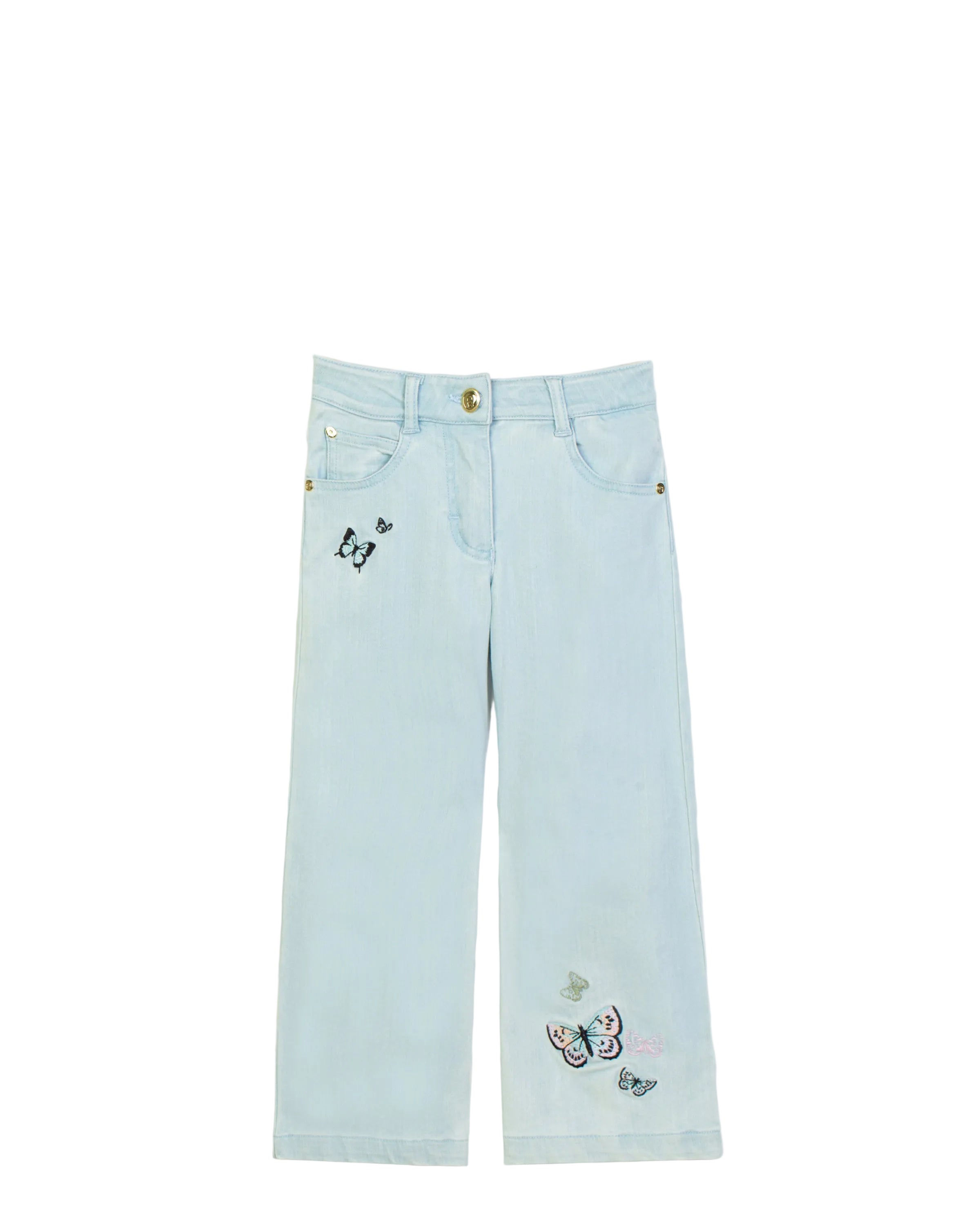 Light blue Aigner Kids denim trousers featuring delicate butterfly embroidery on the front hip and lower leg, finished with a button and zip closure.
