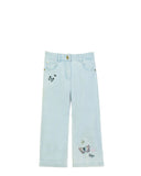 Light blue Aigner Kids denim trousers featuring delicate butterfly embroidery on the front hip and lower leg, finished with a button and zip closure.