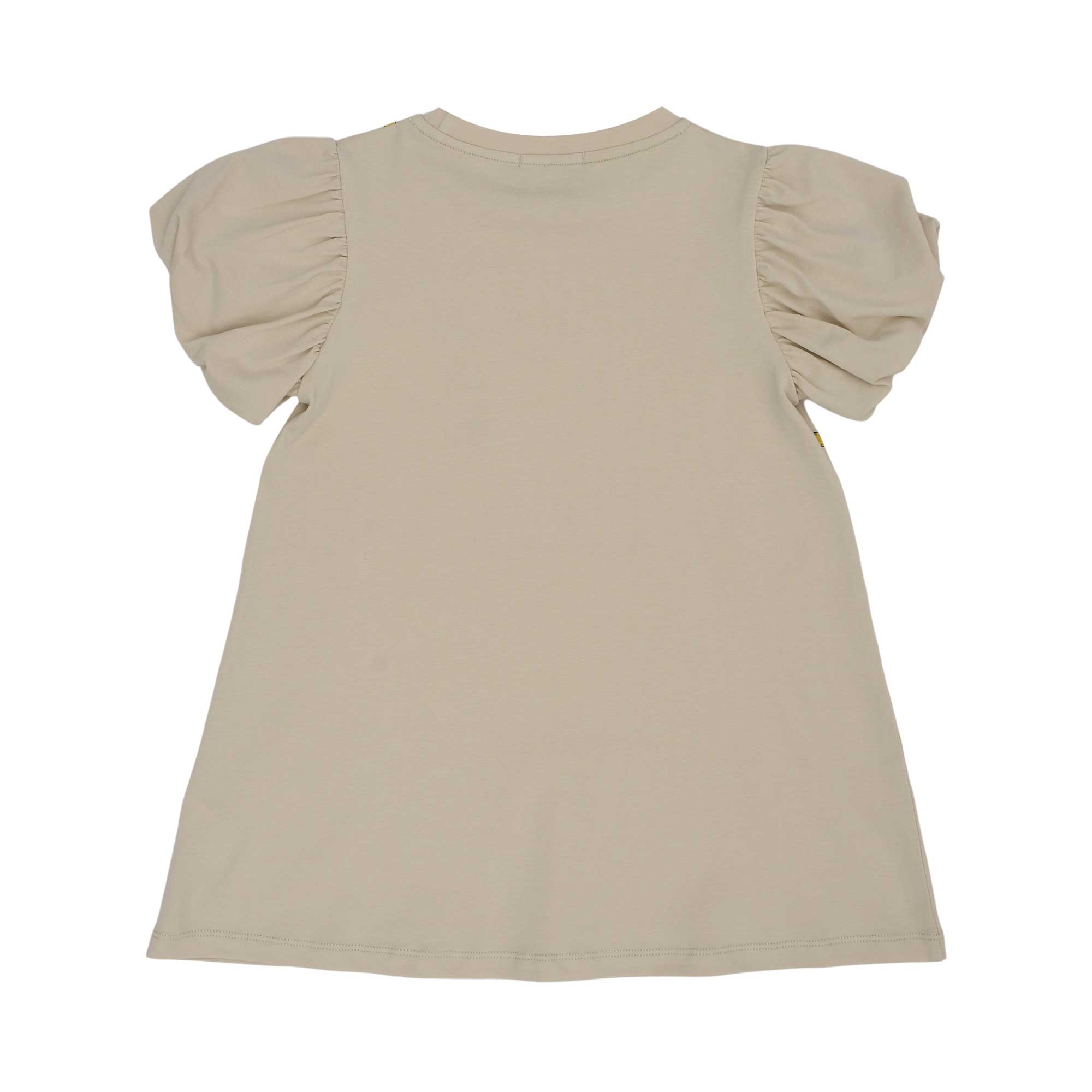 Back view of the AIGNER Kids beige dress, showing the clean A-line silhouette and the gathered puff sleeve design from behind.