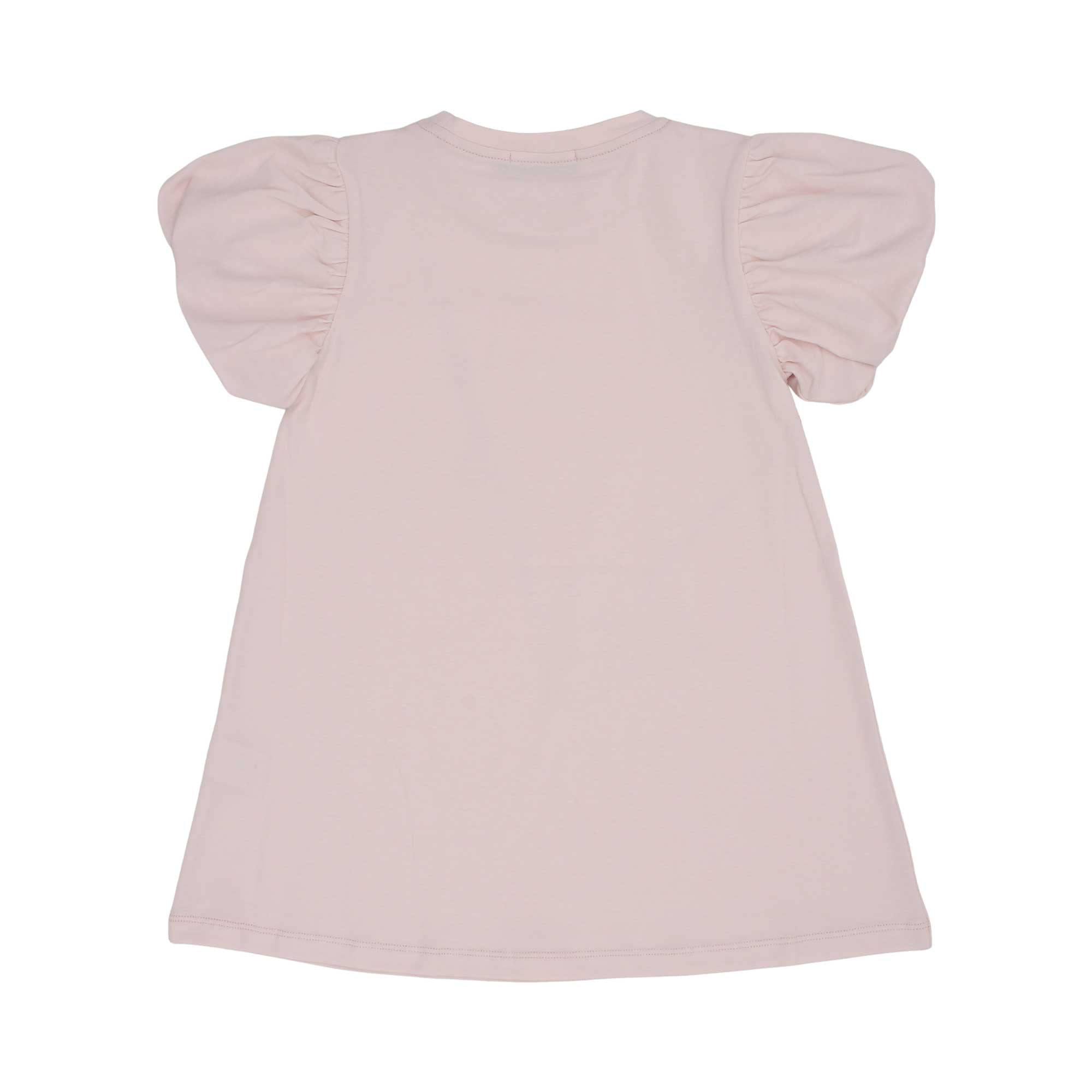 Back view of the AIGNER Kids pink dress, showing the clean A-line silhouette and the gathered puff sleeve design from behind.