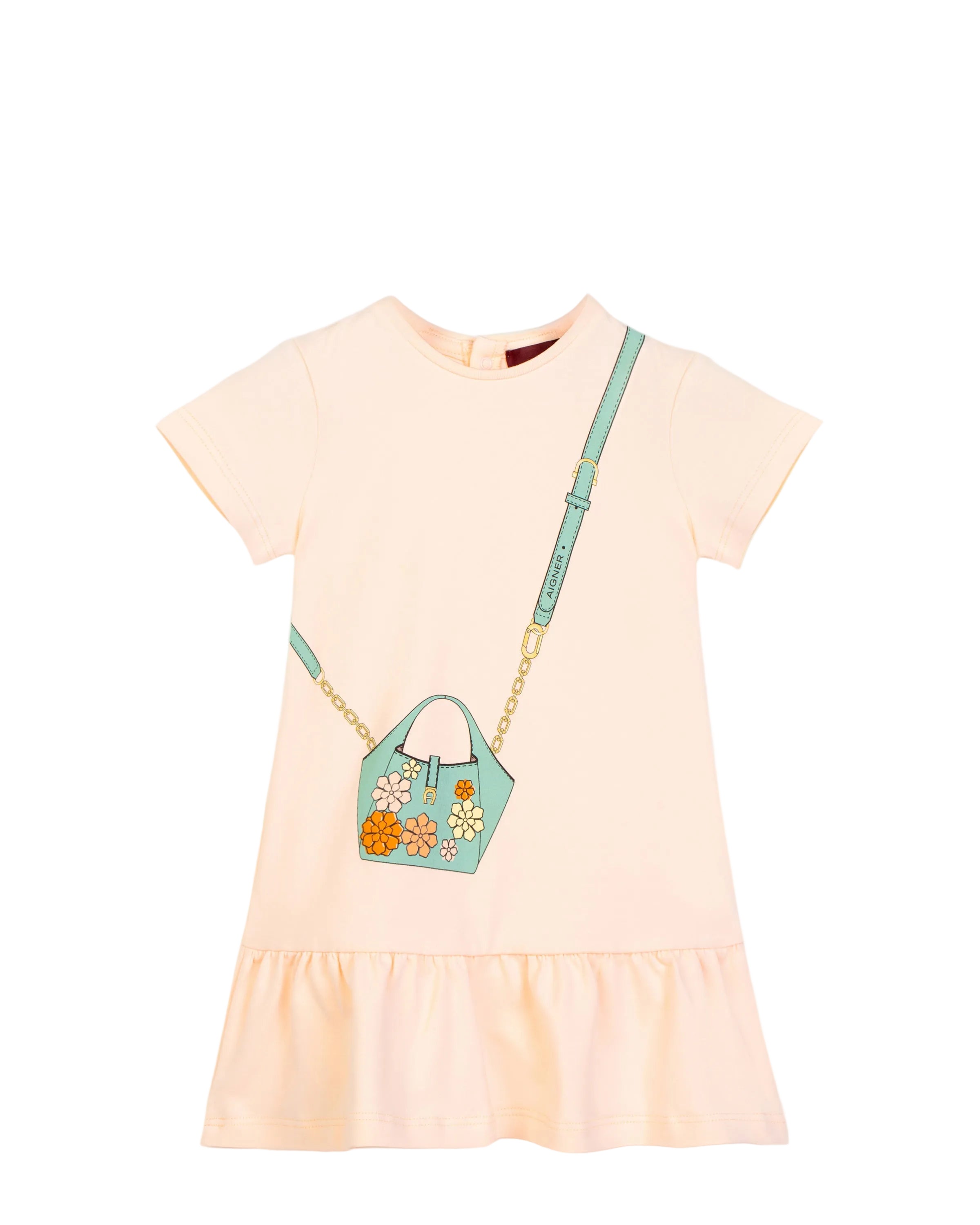 Front view of an Aigner Kids girls short-sleeved dress in pastel pink, featuring a green crossbody handbag trompe l'oeil print with flowers and a ruffled hem.
