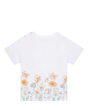 Back view studio flat-lay view of the Aigner Kids girls white cotton T-shirt, highlighting the comfortable short sleeves and the vibrant orange, peach, and mint green wildflower garden border illustration.