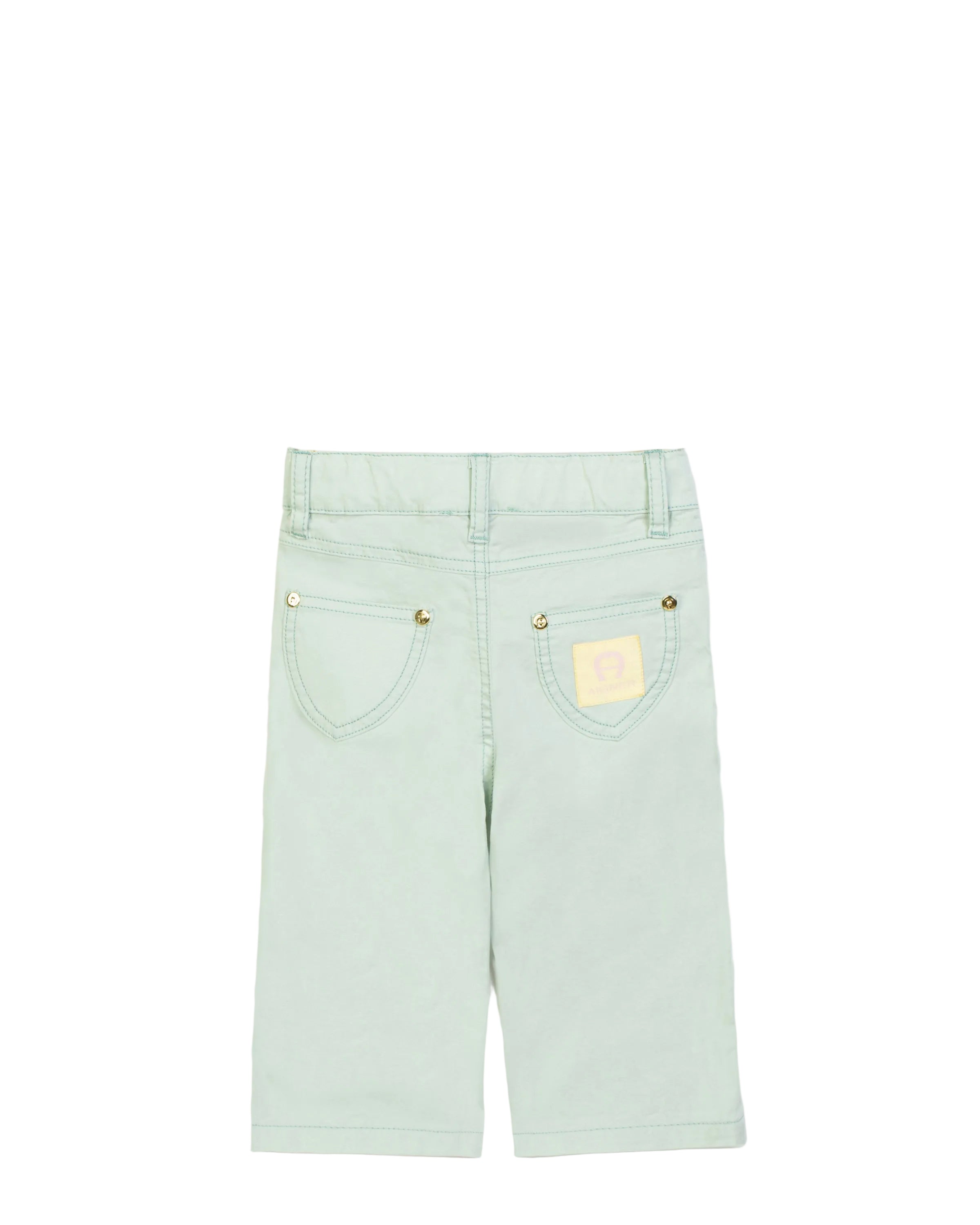 Rear portrait of the Aigner Kids girls mint green casual trousers, showcasing the classic waist belt loops, five-pocket layout, and polished gold-toned logo hardware buttons.