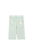 Rear portrait of the Aigner Kids girls mint green casual trousers, showcasing the classic waist belt loops, five-pocket layout, and polished gold-toned logo hardware buttons.