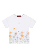 Front studio flat-lay view of the Aigner Kids girls white cotton T-shirt, highlighting the comfortable short sleeves and the vibrant orange, peach, and mint green wildflower garden border illustration.