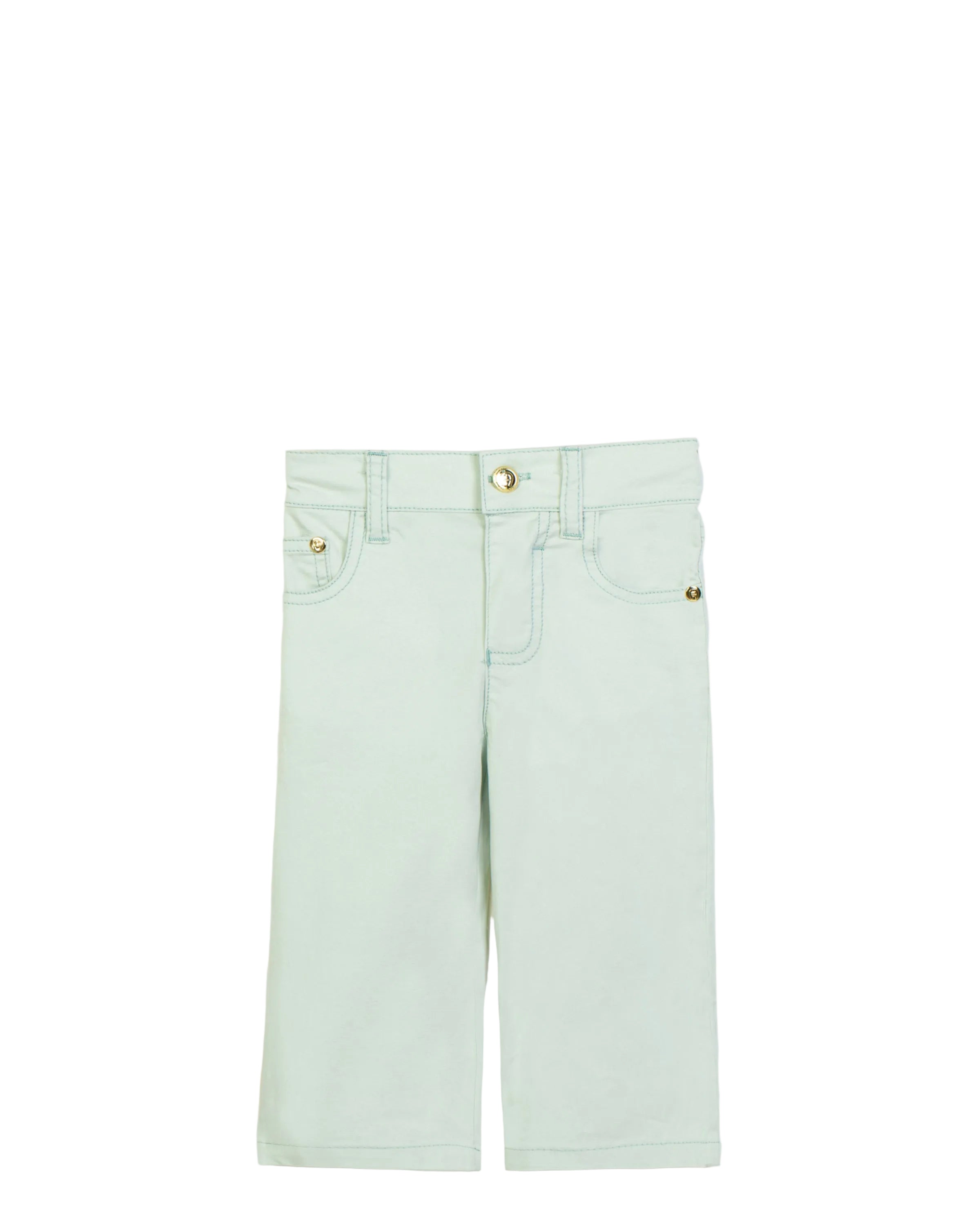 Front studio portrait of the Aigner Kids girls mint green casual trousers, showcasing the classic waist belt loops, five-pocket layout, and polished gold-toned logo hardware buttons.