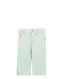 Front studio portrait of the Aigner Kids girls mint green casual trousers, showcasing the classic waist belt loops, five-pocket layout, and polished gold-toned logo hardware buttons.