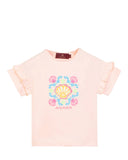 Front view flat-lay studio shot of the Aigner Kids girls pink cotton T-shirt, highlighting its decorative double ruffle sleeves and the colorful pink, blue, and yellow seashell logo graphic.