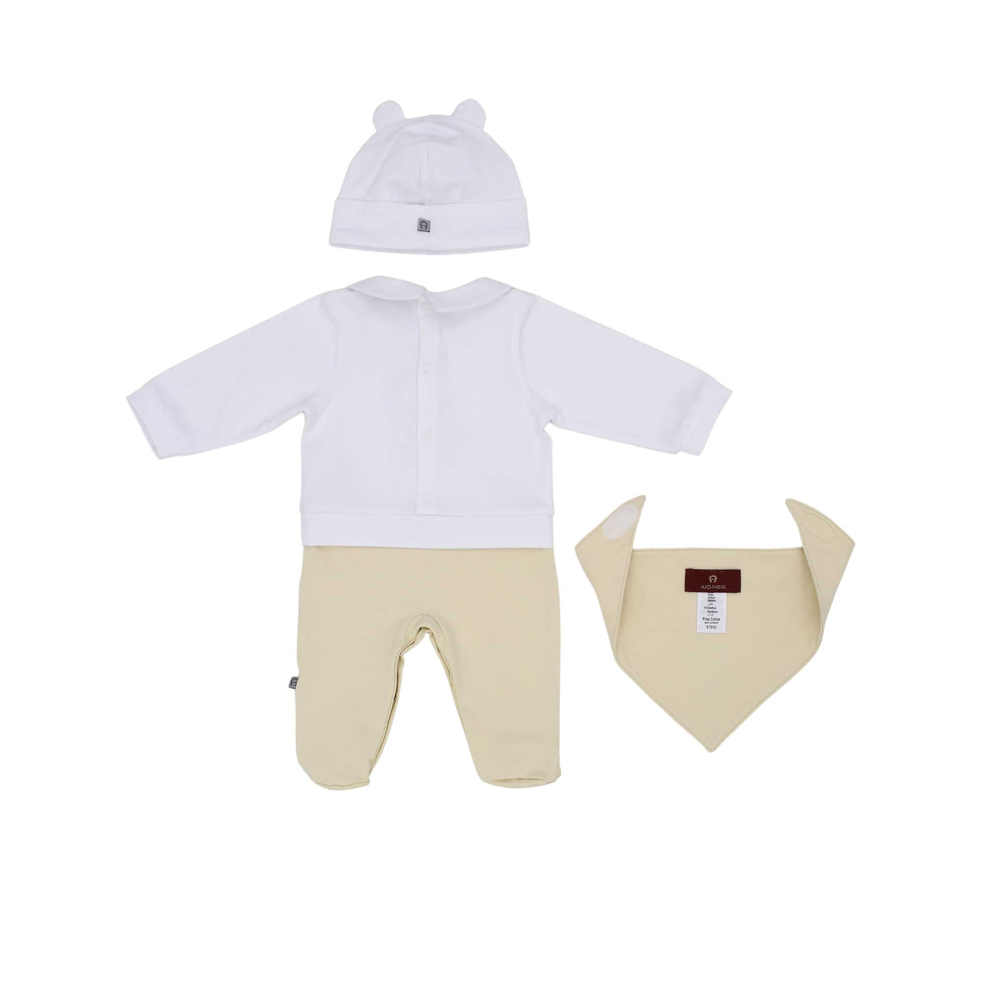 Back view of the Aigner baby set showing the popper fastenings on the white shirt, the plain back of the beige footed trousers, the back of the beanie, and the branded care tag on the bib.
