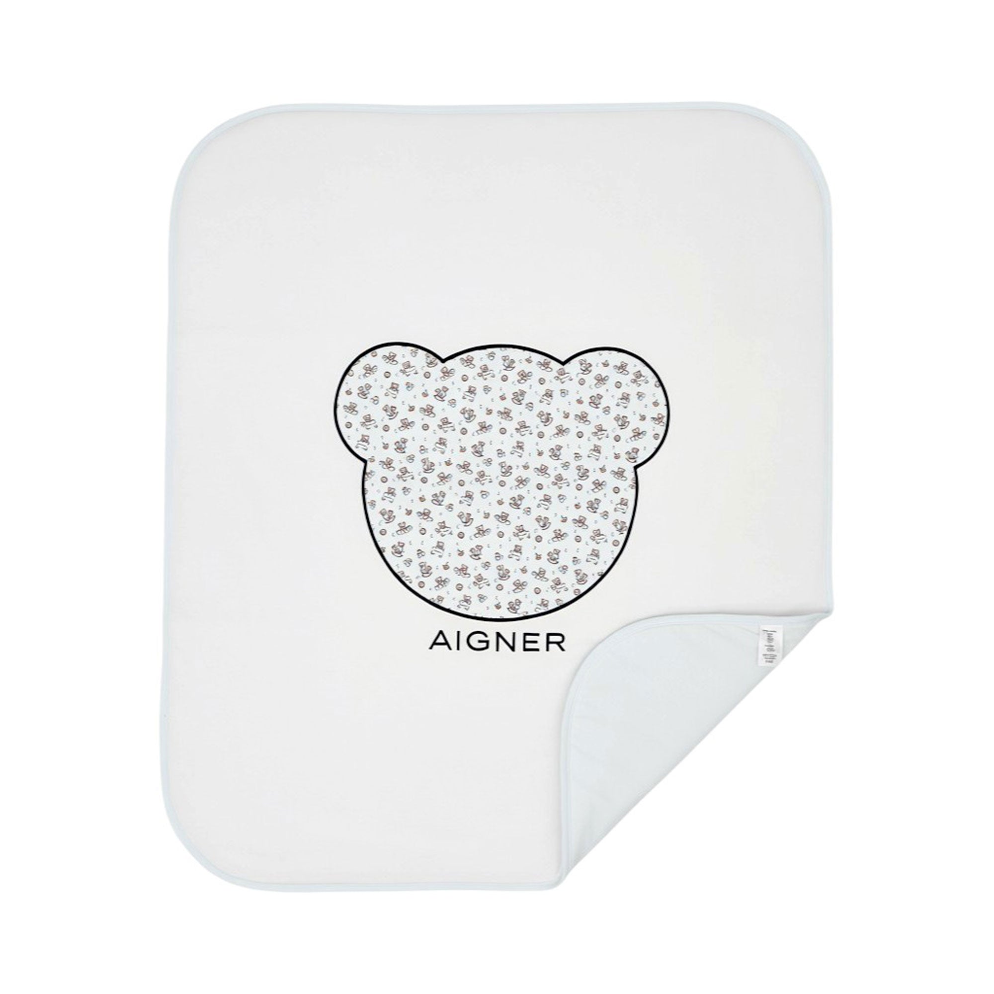 White baby blanket with a bear design and 'Aigner' branding on a white background.