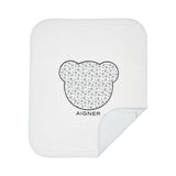 White baby blanket with a bear design and 'Aigner' branding on a white background.