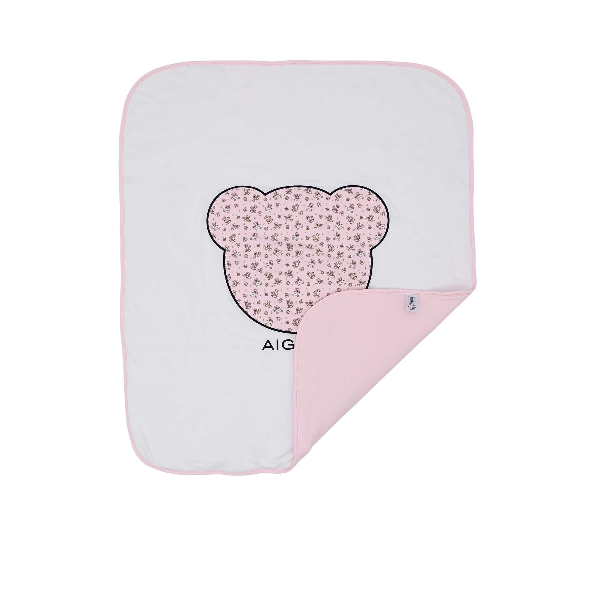 Baby blanket with floral heart design and brand name on white background.
