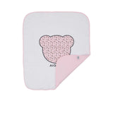 Baby blanket with floral heart design and brand name on white background.