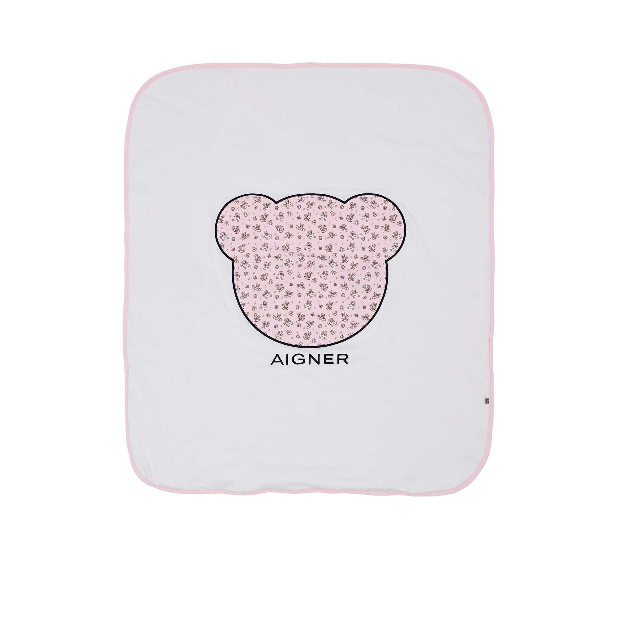 White pouch with pink floral bear design and 'Aigner' branding on a white background.