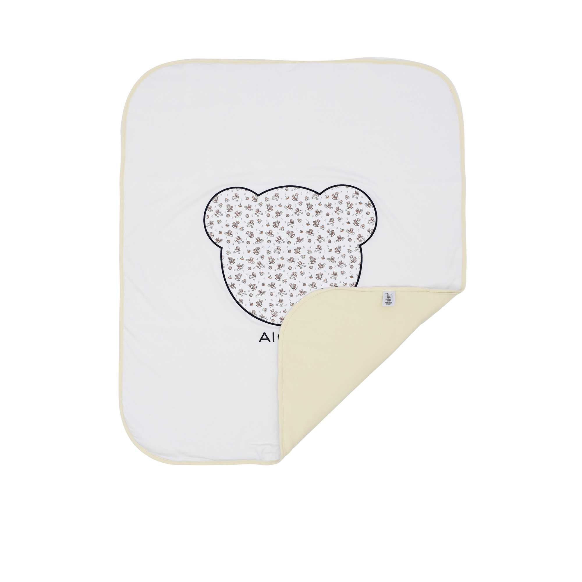 Baby blanket with a floral heart design on a white background.