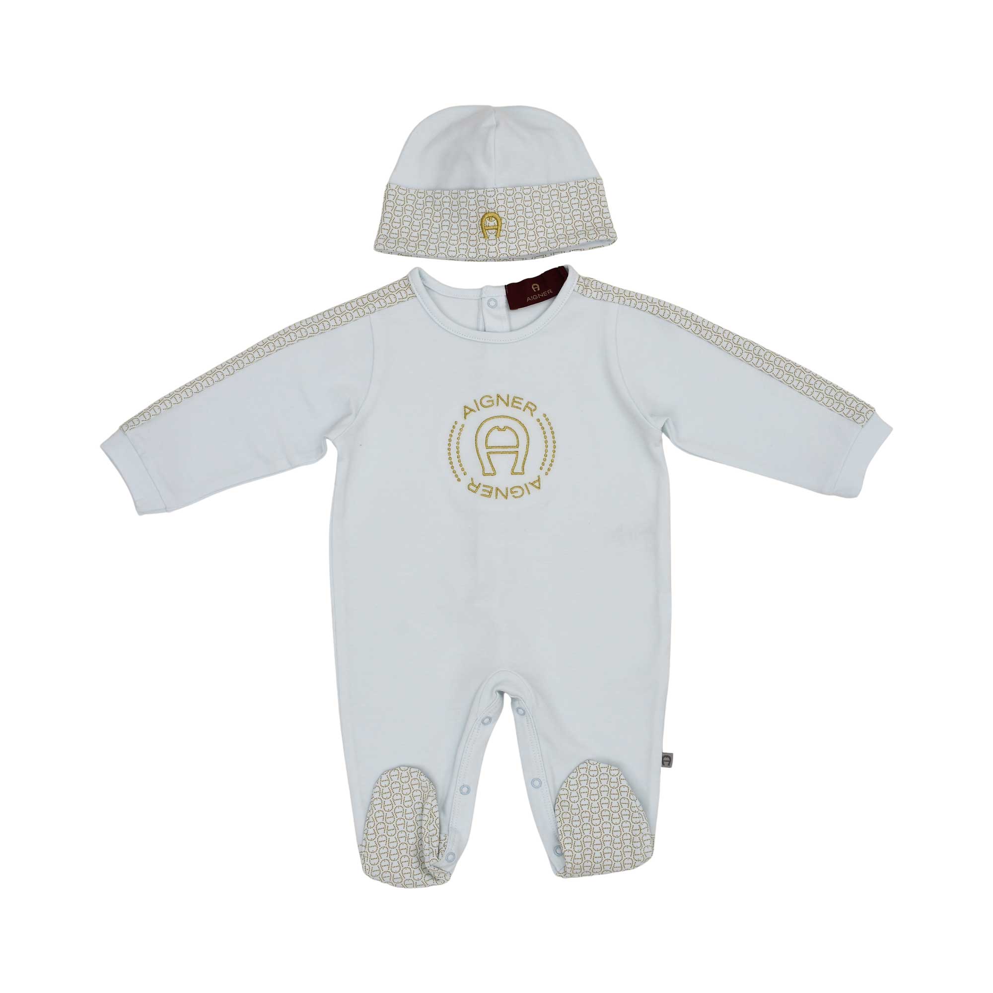 Aigner Kids Newborn’s Blue Set of Sleepsuit, Hat & Bib in Ivory with Gold Logo – Order Online Today