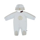 Aigner Kids Newborn’s Blue Set of Sleepsuit, Hat & Bib in Ivory with Gold Logo – Order Online Today