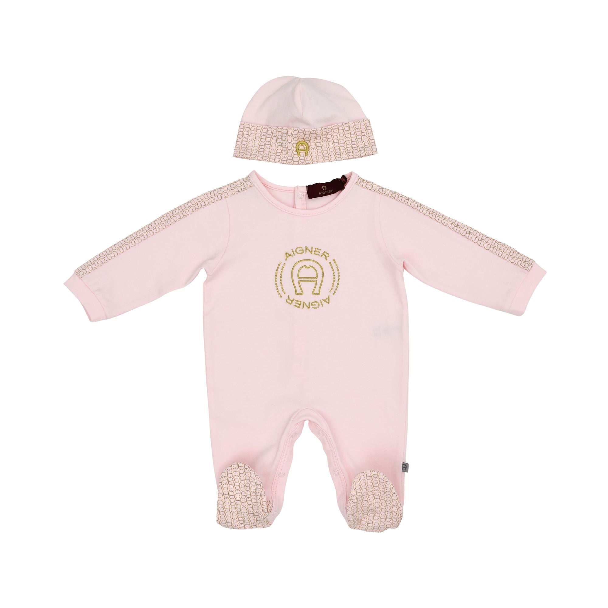 Aigner Kids Newborn’s Pink Set of Sleepsuit, Hat & Bib in Ivory with Gold Logo – Order Online Today