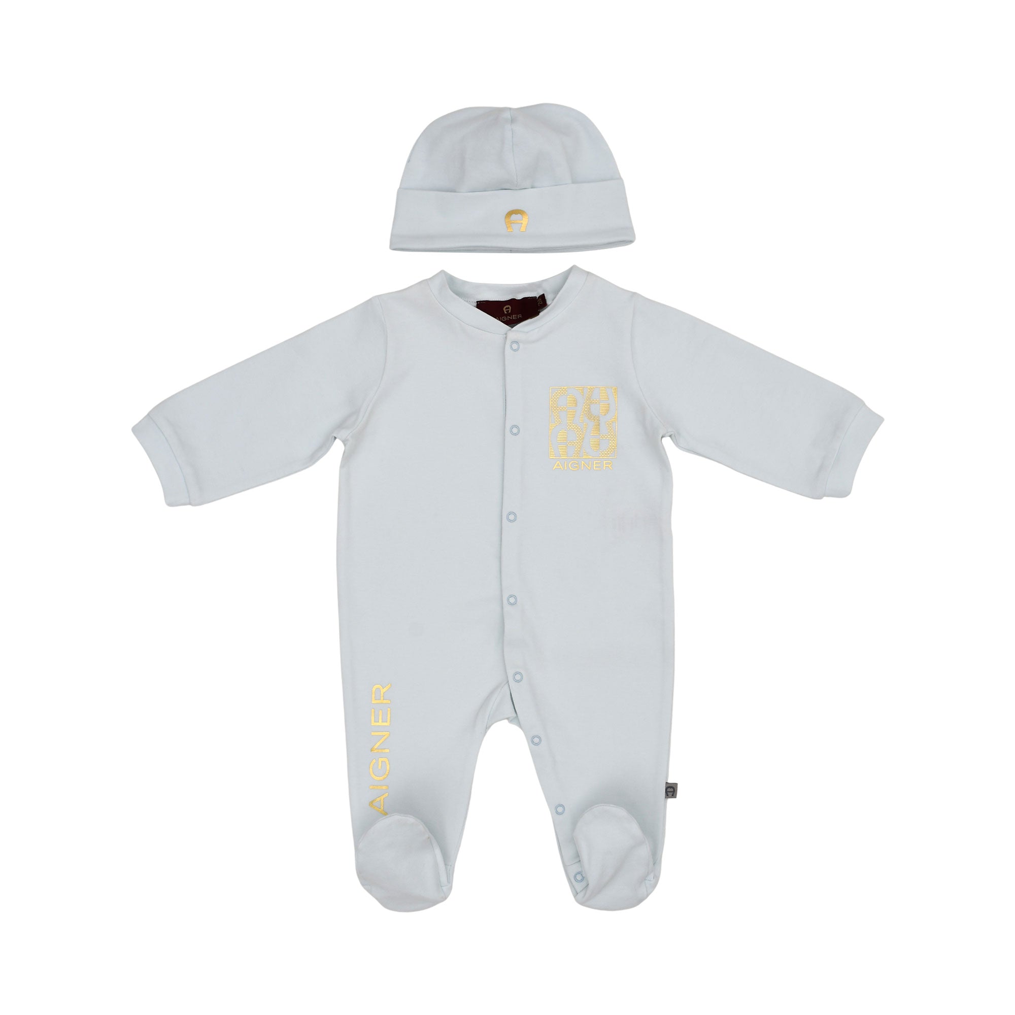 Aigner Kids Newborn’s Set of Sleepsuit & Hat in Blue with Gold Logo – Shop the Latest Online