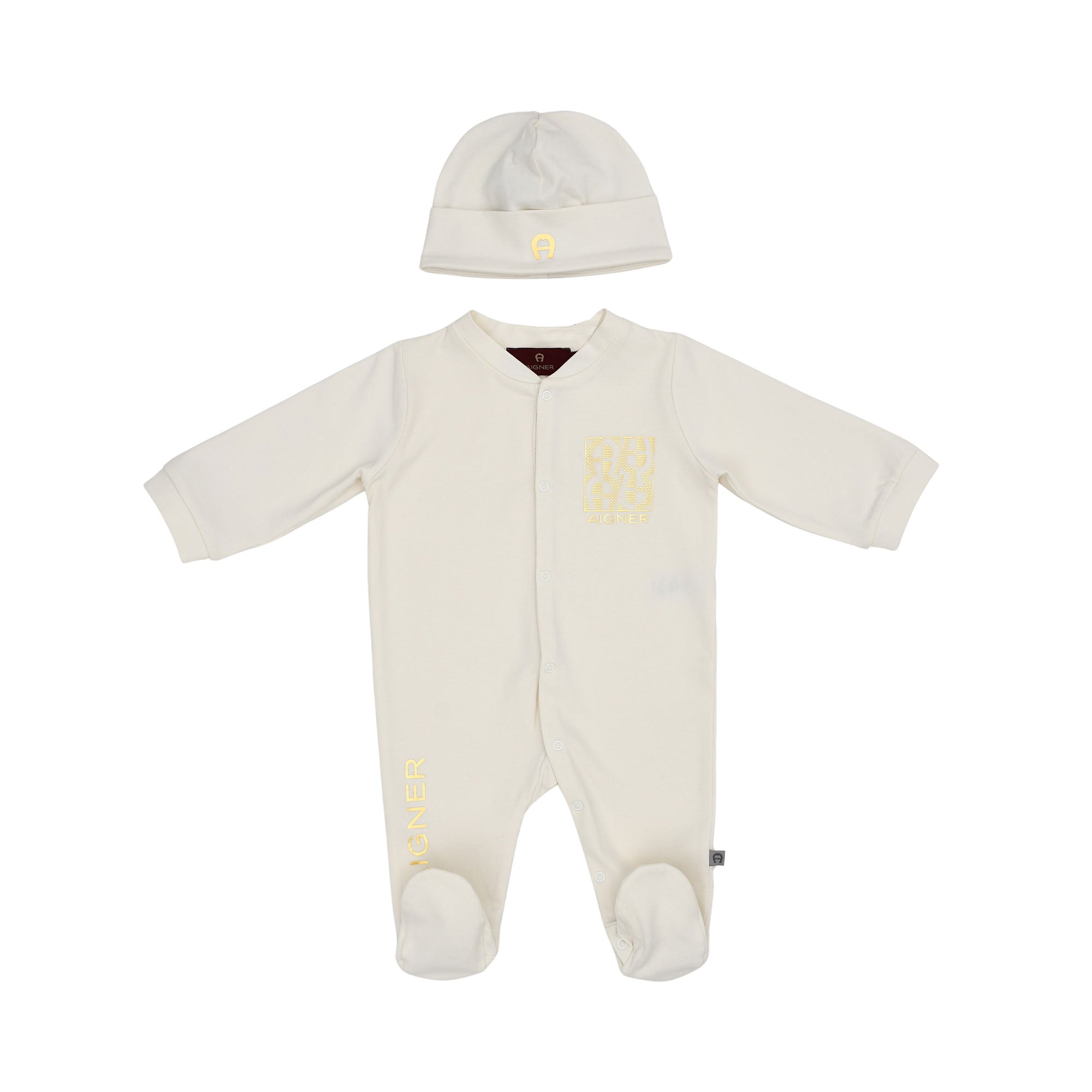 Aigner Kids Newborn’s Set of Sleepsuit & Hat in White with Gold Logo – Shop the Latest Online
