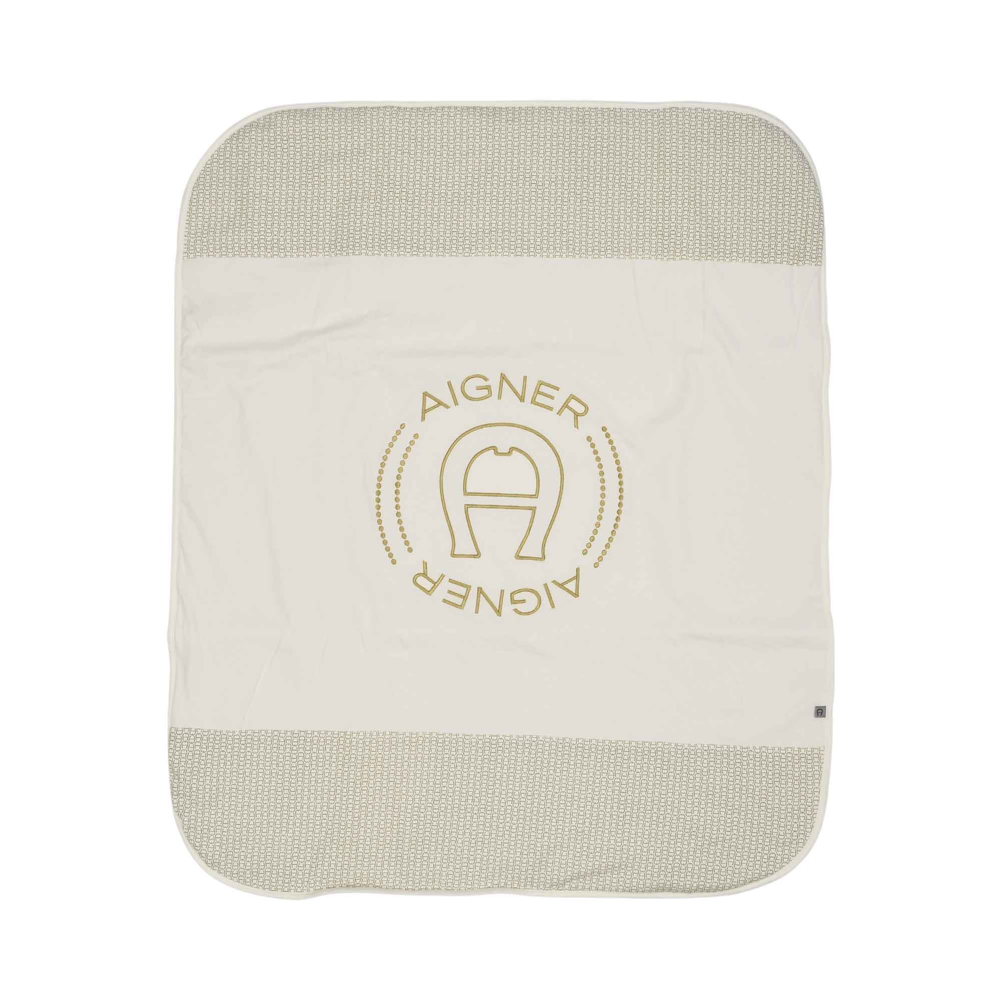 Aigner Kids Newborn’s White Blanket with Gold Logo – Available for Online Purchase
