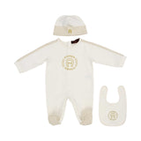 Aigner Kids Newborn’s White Set of Sleepsuit, Hat & Bib in Ivory with Gold Logo – Order Online Today