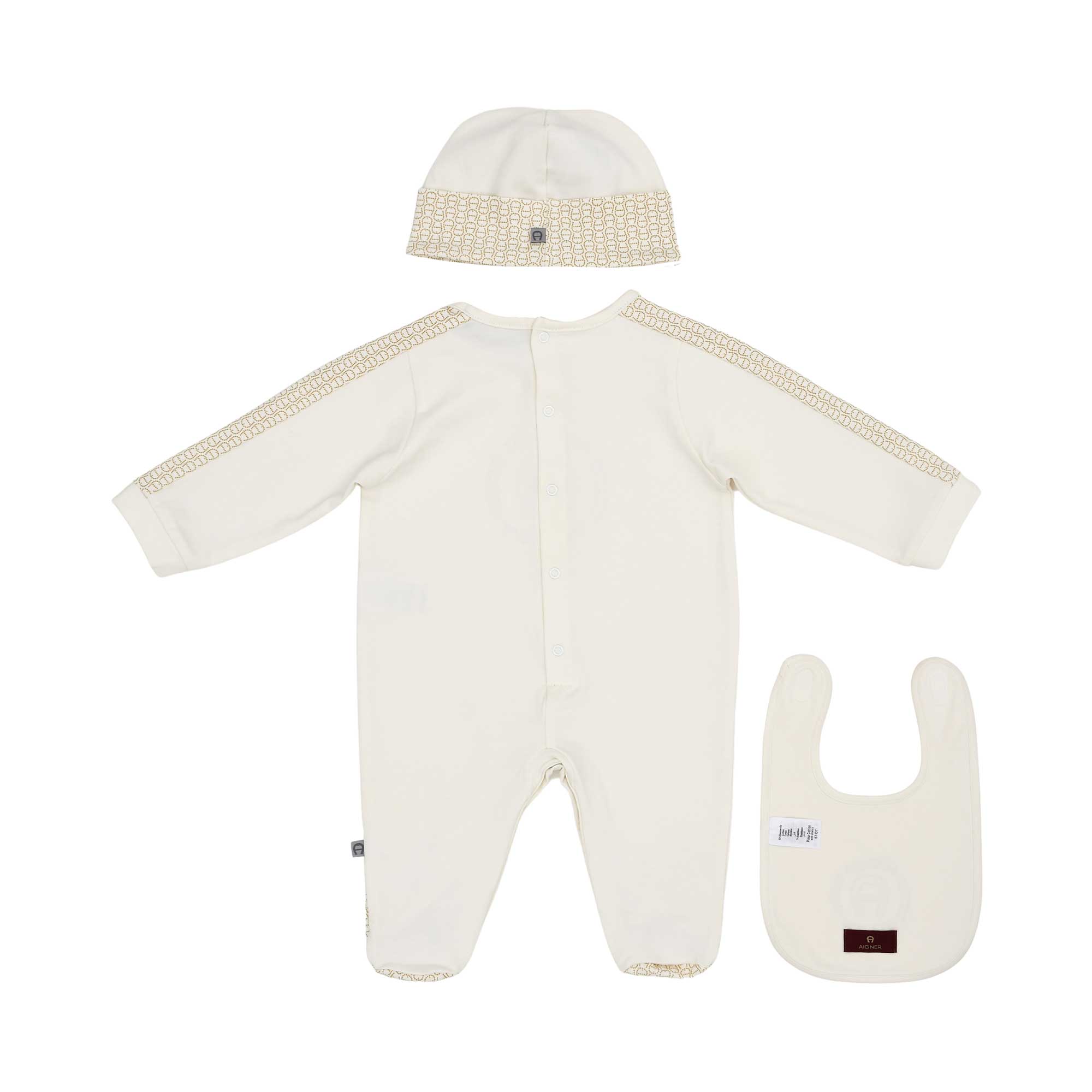 Aigner Kids Newborn’s White Set of Sleepsuit, Hat & Bib in Ivory with Gold Logo – Order Online Today