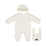 Aigner Kids Newborn’s White Set of Sleepsuit, Hat & Bib in Ivory with Gold Logo – Order Online Today