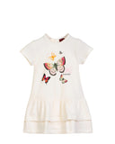 An off-white Aigner Kids dress featuring a colorful butterfly graphic print on the front and a double-tiered ruffled hem.