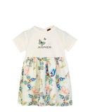An off-white Aigner Kids dress with a small butterfly graphic on the chest and an all-over colorful watercolor butterfly print on the skirt.